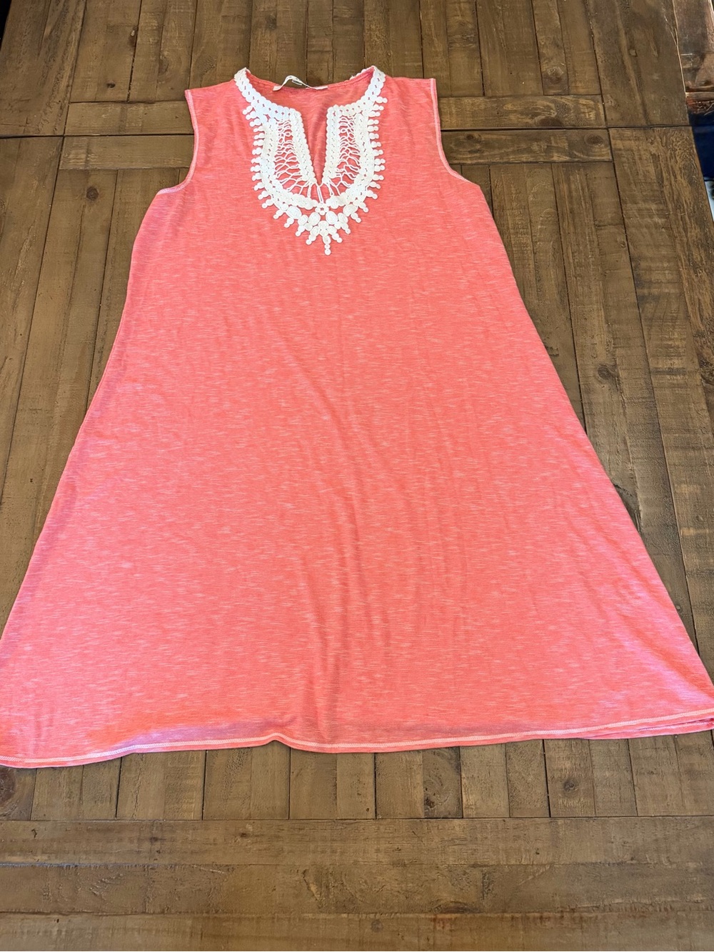 Max Studio Coral Sleeveless Midi Dress with White Crochet Yoke